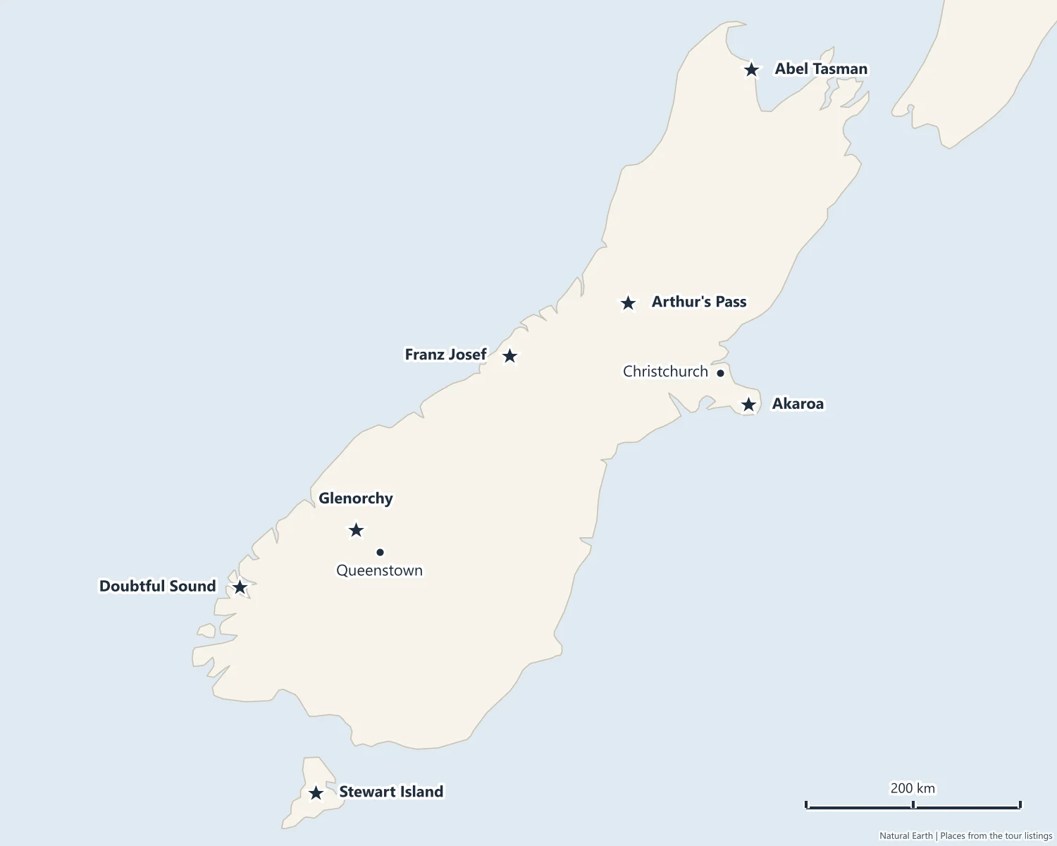 Map of New Zealand's South Island marking Abel Tasman, Arthur's Pass, Franz Josef, Akaroa, Glenorchy, Doubtful Sound and Stewart Island, with Christchurch and Queenstown